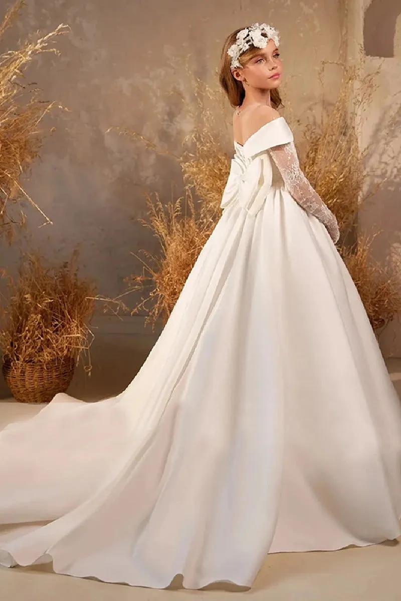 A-Line Off The Shoulder Neck Long Sleeve Satin Flower Girl Dresses 788625737873 sold by Cocomelody product image thumbnail 2