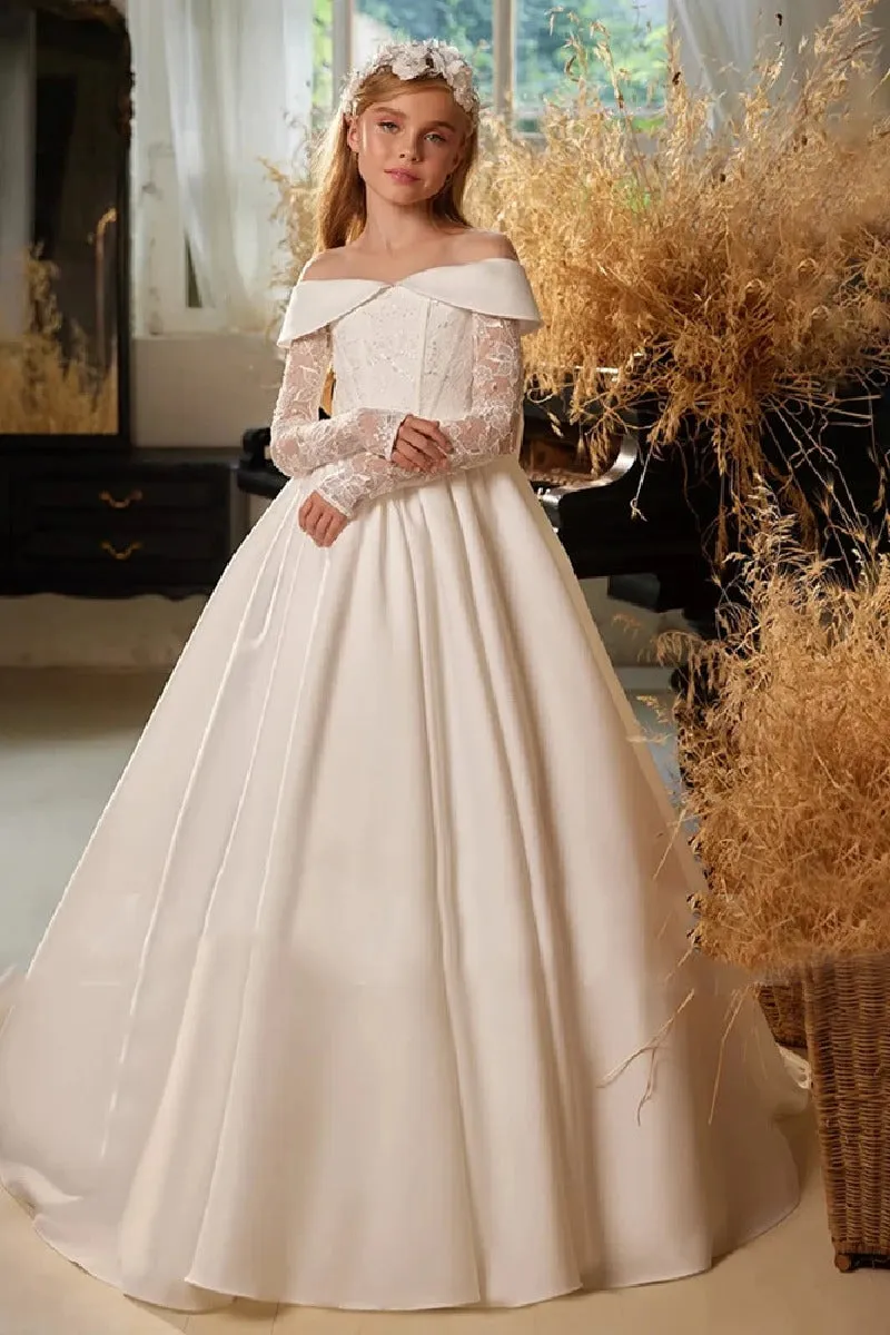 A-Line Off The Shoulder Neck Long Sleeve Satin Flower Girl Dresses 788625737873 sold by Cocomelody