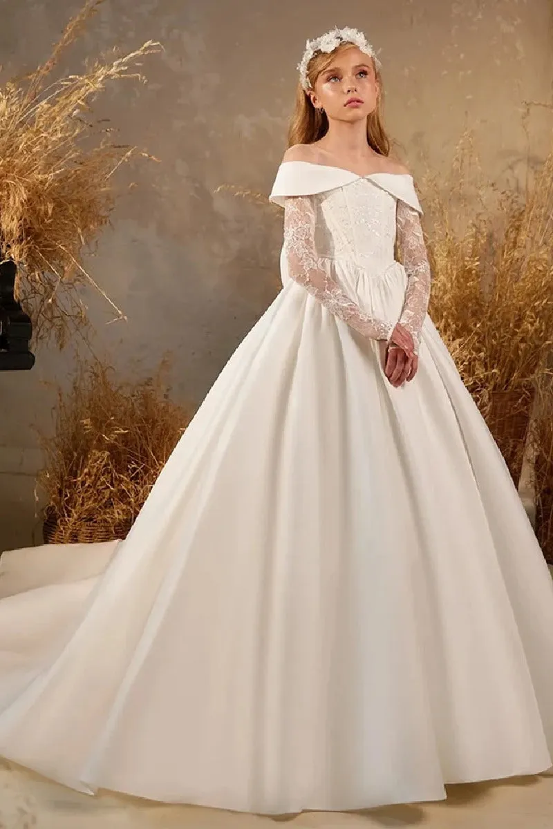 A-Line Off The Shoulder Neck Long Sleeve Satin Flower Girl Dresses 788625737873 sold by Cocomelody product image thumbnail 5
