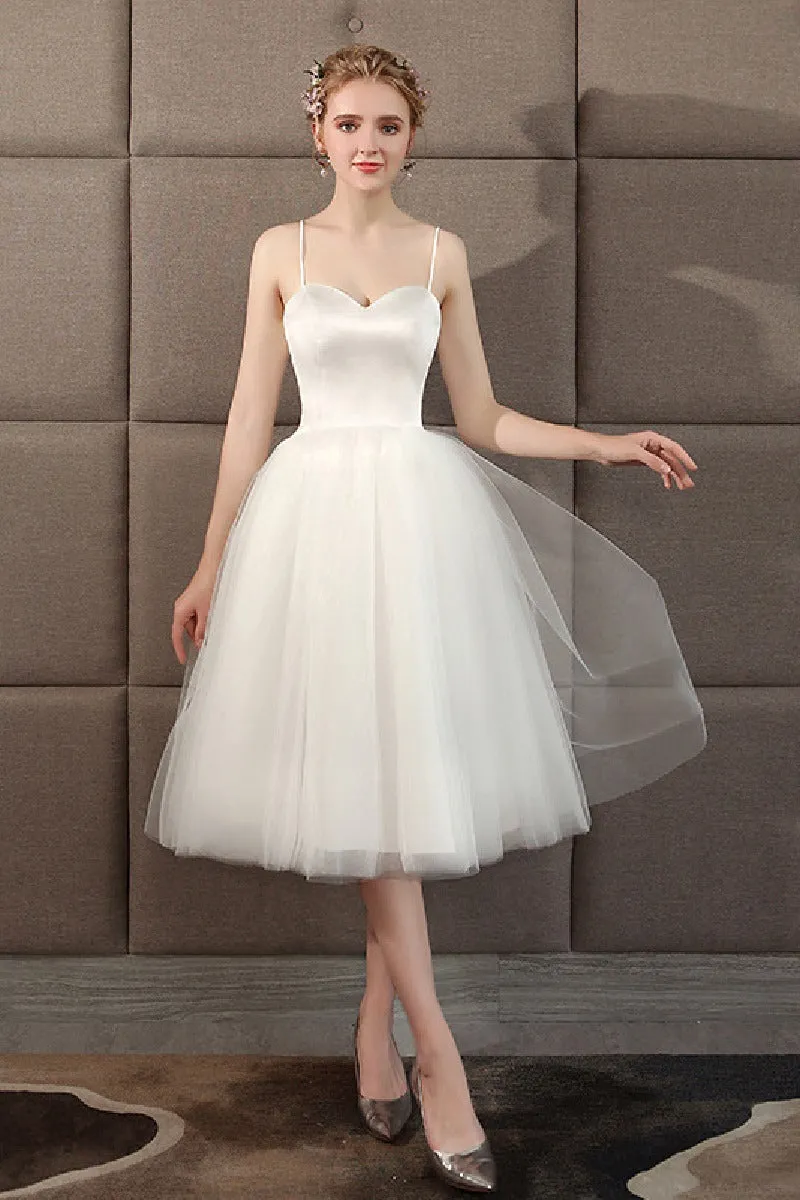 A-Line Tea Length Satin Tulle Wedding Dress 773541090129 sold by Cocomelody