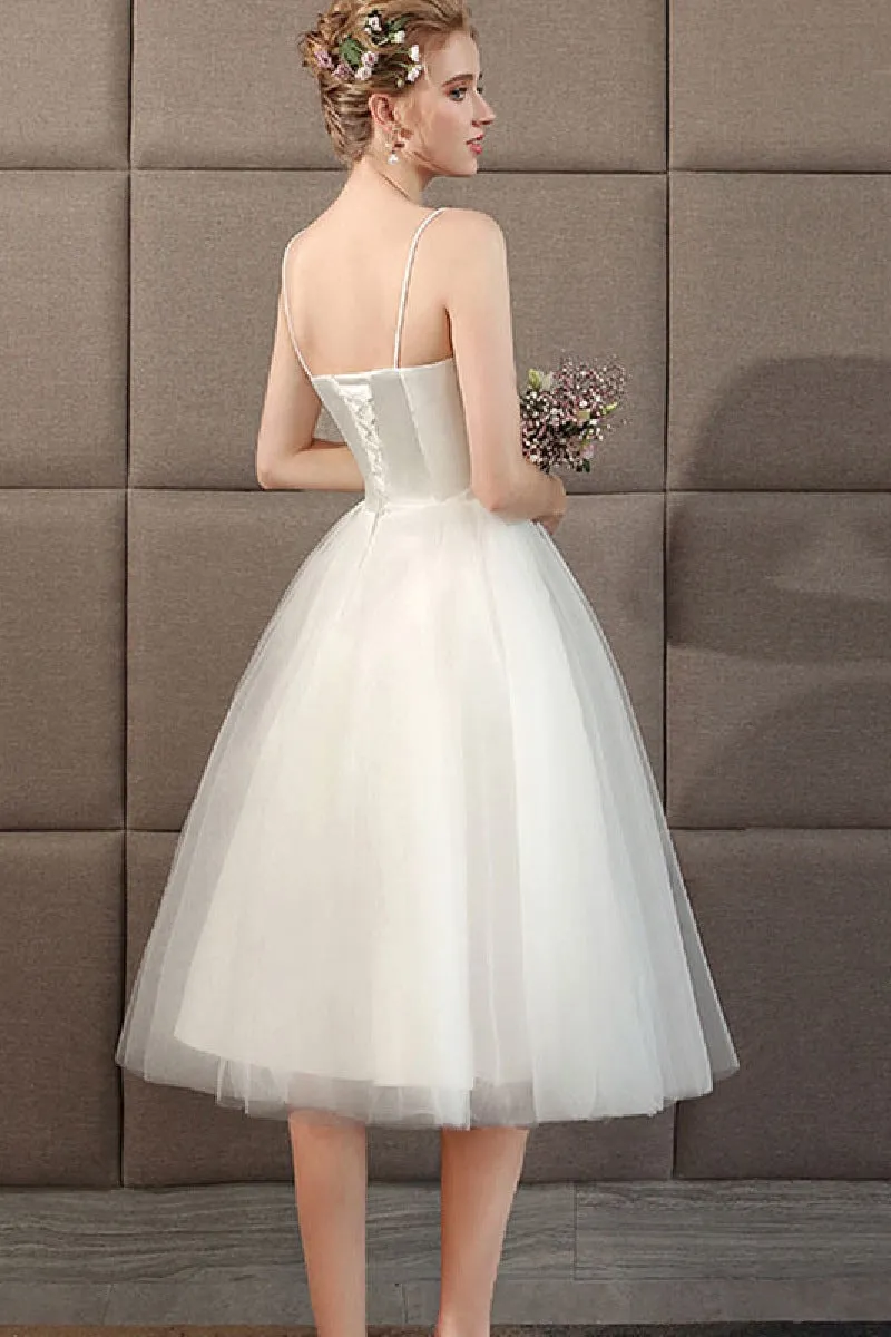 A-Line Tea Length Satin Tulle Wedding Dress 773541090129 sold by Cocomelody product image thumbnail 2