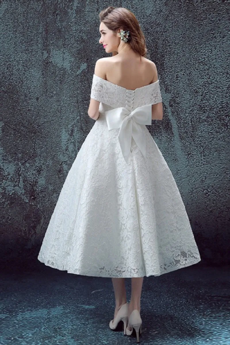 A-Line Tea Length Lace Wedding Dress 658269300525 sold by Cocomelody product image thumbnail 2