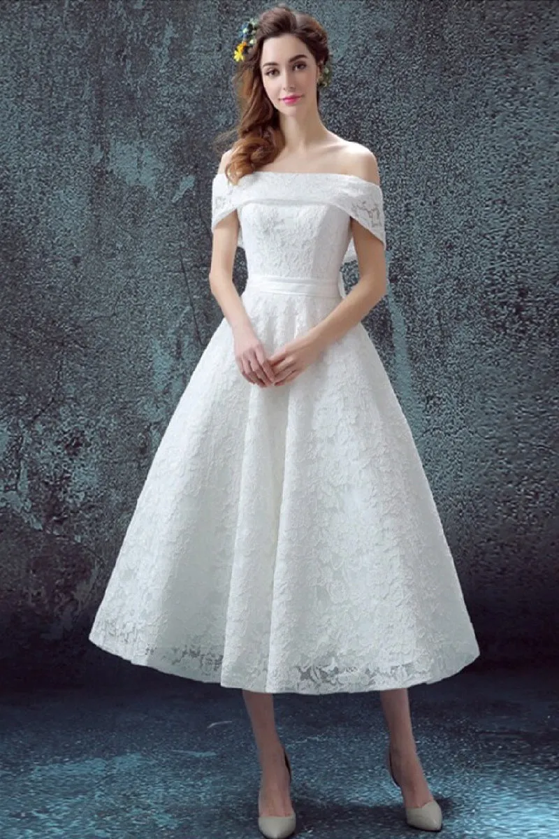 A-Line Tea Length Lace Wedding Dress 658269300525 sold by Cocomelody