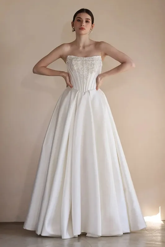 A-Line Floor Length Satin Wedding Dress CW3549 sold by Cocomelody