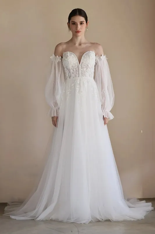 A-Line Sweep-Brush Train Lace Tulle Wedding Dress CW3548 sold by Cocomelody
