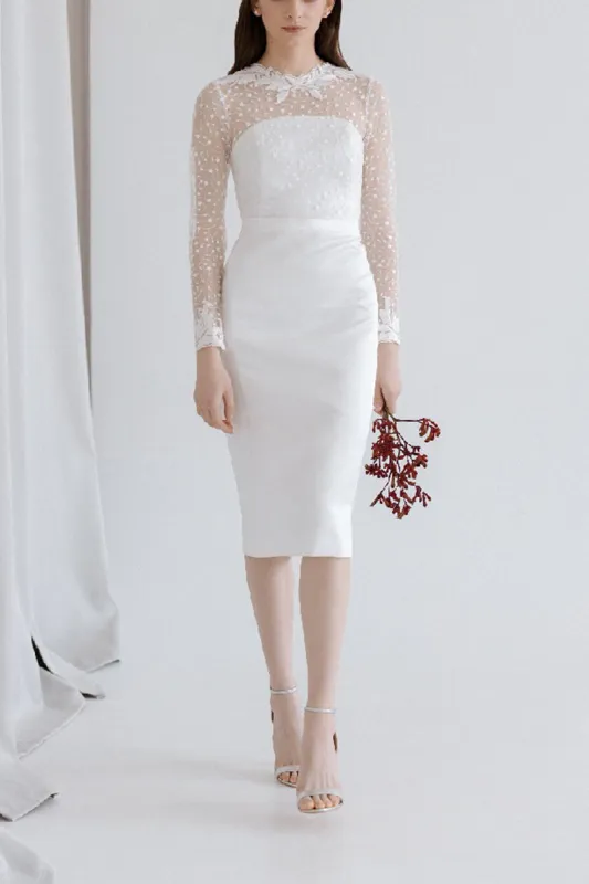 Sheath-Column Tea Length Lace Satin Little White Dress 100002 sold by Cocomelody