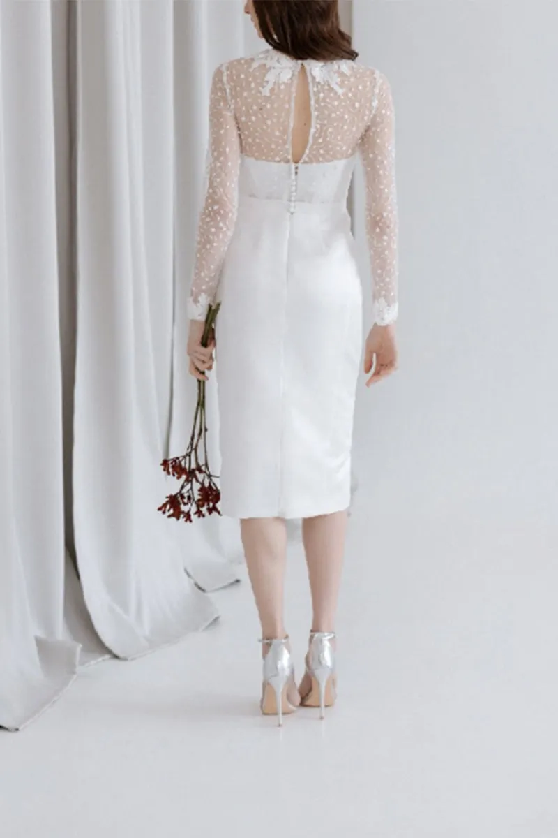 Sheath-Column Tea Length Lace Satin Little White Dress 100002 sold by Cocomelody product image thumbnail 2