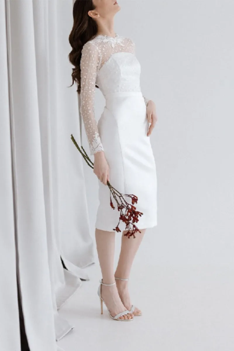 Sheath-Column Tea Length Lace Satin Little White Dress 100002 sold by Cocomelody product image thumbnail 3