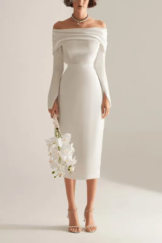 Sheath-Column Tea Length Satin Little White Dress 100001 sold by Cocomelody