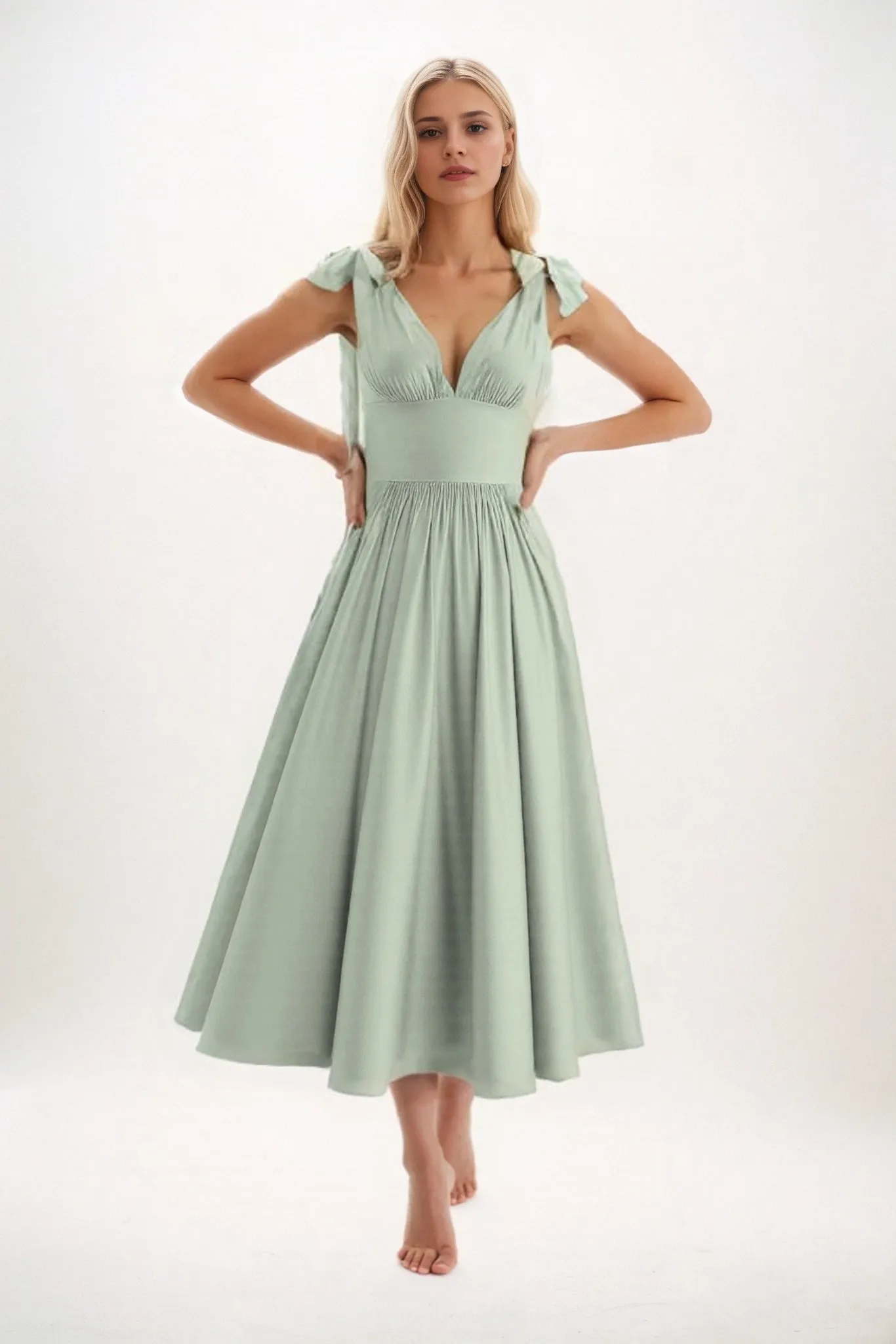 A-Line Midi Luxe Satin Bridesmaid Dress CB0832 sold by Cocomelody product image thumbnail 4