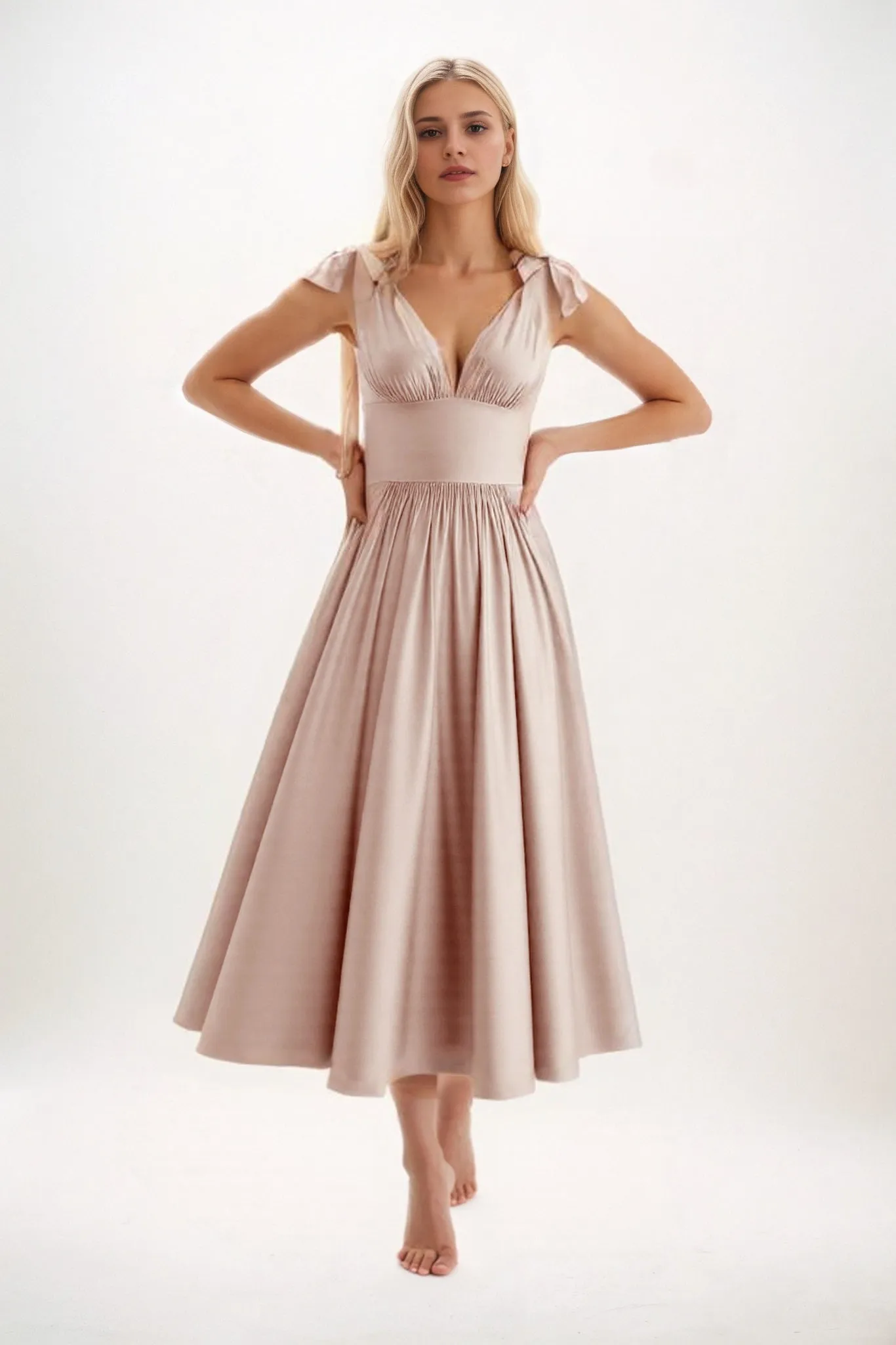 A-Line Midi Luxe Satin Bridesmaid Dress CB0832 sold by Cocomelody
