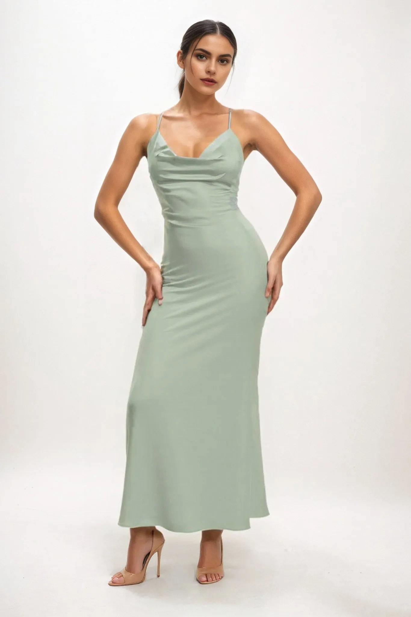 Sheath-Column Midi Luxe Satin Bridesmaid Dress CB0831 sold by Cocomelody product image thumbnail 4
