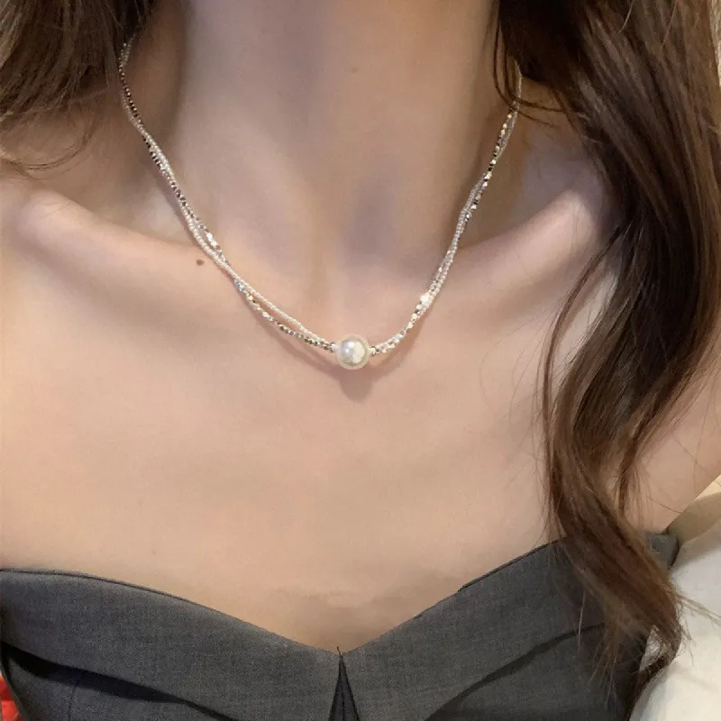 Shredded silver pearl double necklace choker 800772966486 sold by Cocomelody