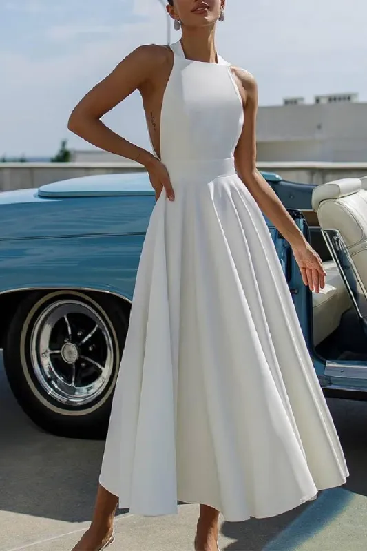 A-Line Tea Length Elastic Cloth Little White Dress 100006 sold by Cocomelody