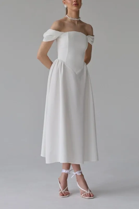 A-Line Tea Length  Elastic Cloth Little White Dress 100005 sold by Cocomelody