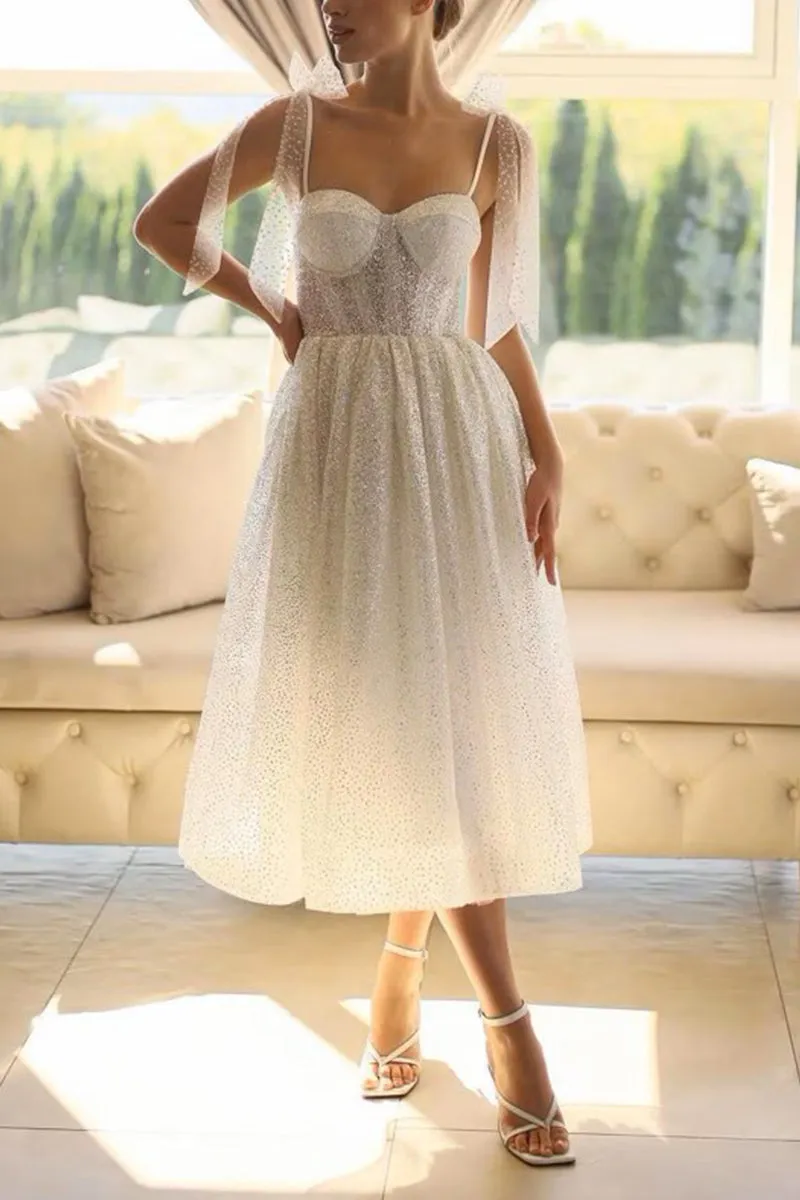 A-Line Tea Length Sparkling Tulle Little White Dress 100004 sold by Cocomelody