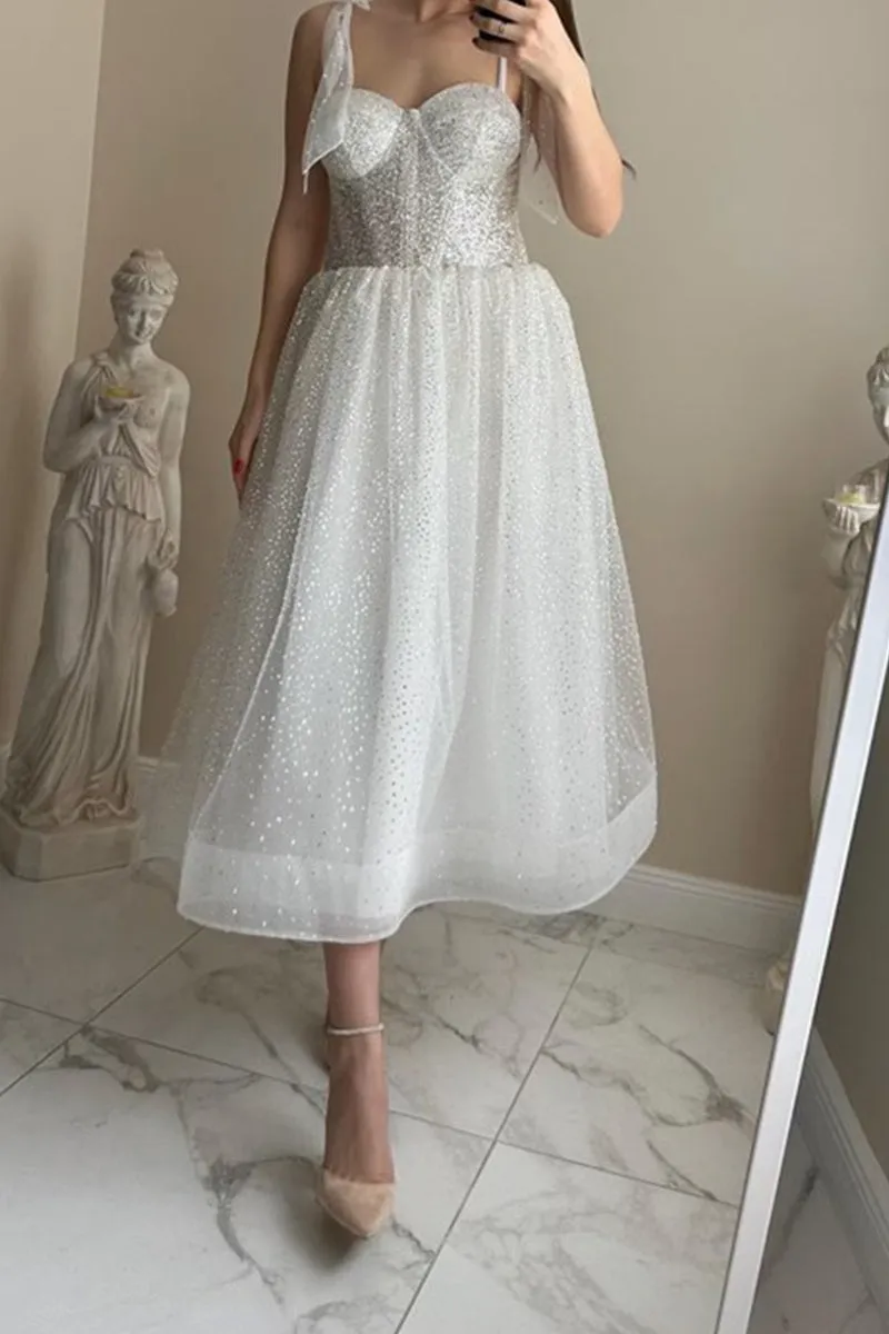 A-Line Tea Length Sparkling Tulle Little White Dress 100004 sold by Cocomelody product image thumbnail 2
