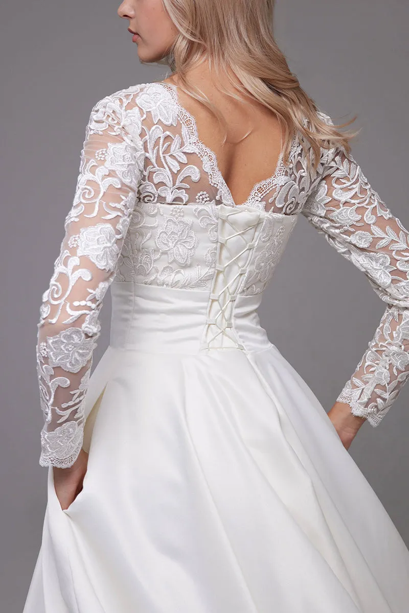 A-Line Tea Length Lace Satin Little White Dress 100017 sold by Cocomelody product image thumbnail 4