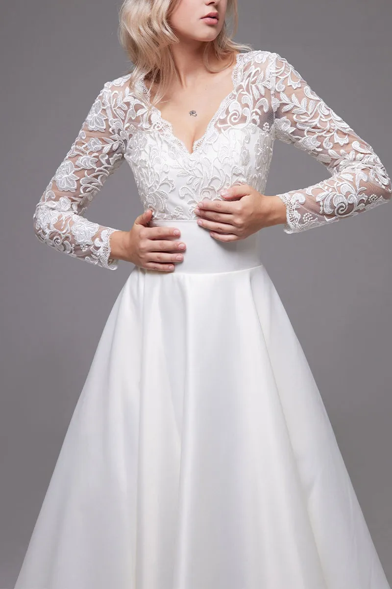 A-Line Tea Length Lace Satin Little White Dress 100017 sold by Cocomelody product image thumbnail 3