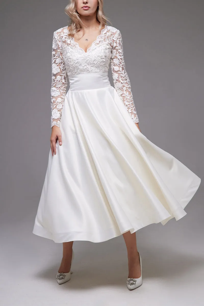 A-Line Tea Length Lace Satin Little White Dress 100017 sold by Cocomelody