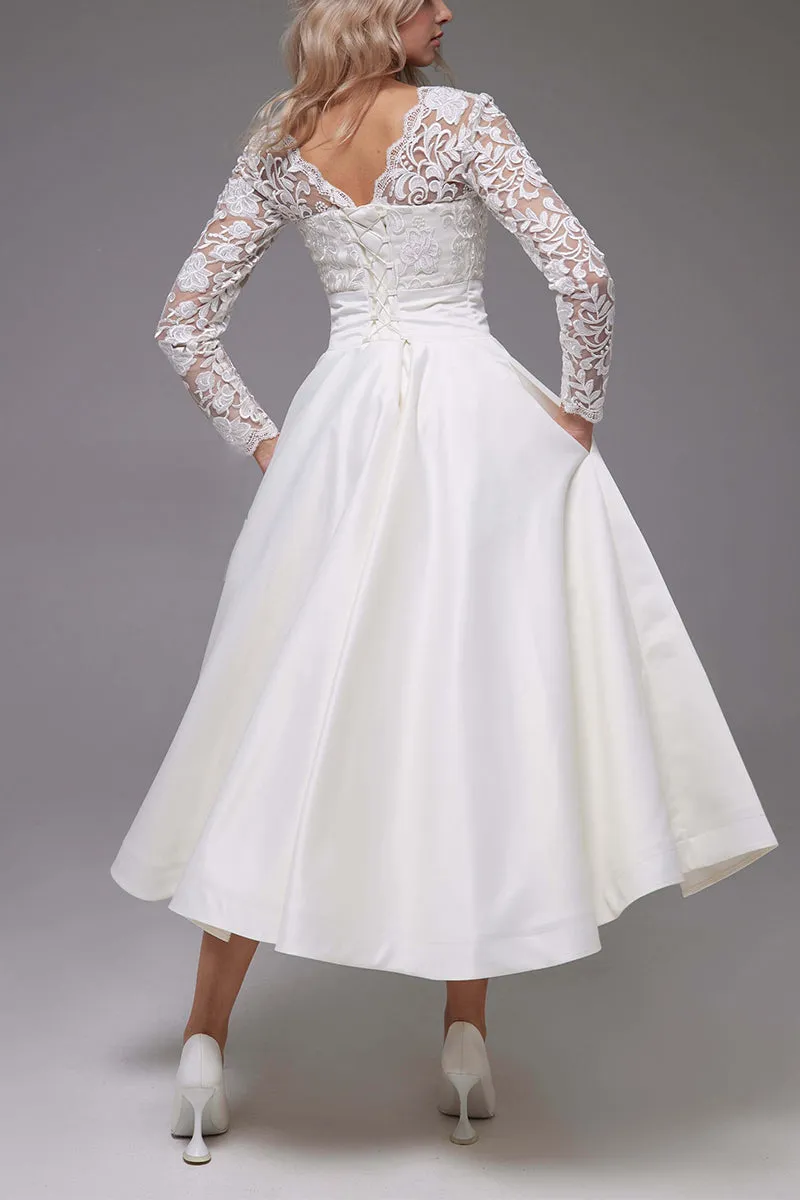 A-Line Tea Length Lace Satin Little White Dress 100017 sold by Cocomelody product image thumbnail 2