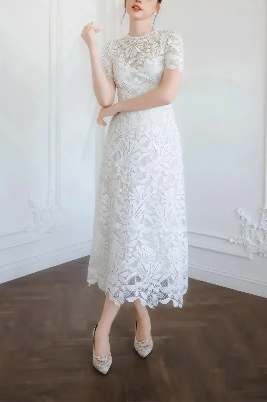 Sheath-Column Tea Length Lace Little White Dress 100016 sold by Cocomelody