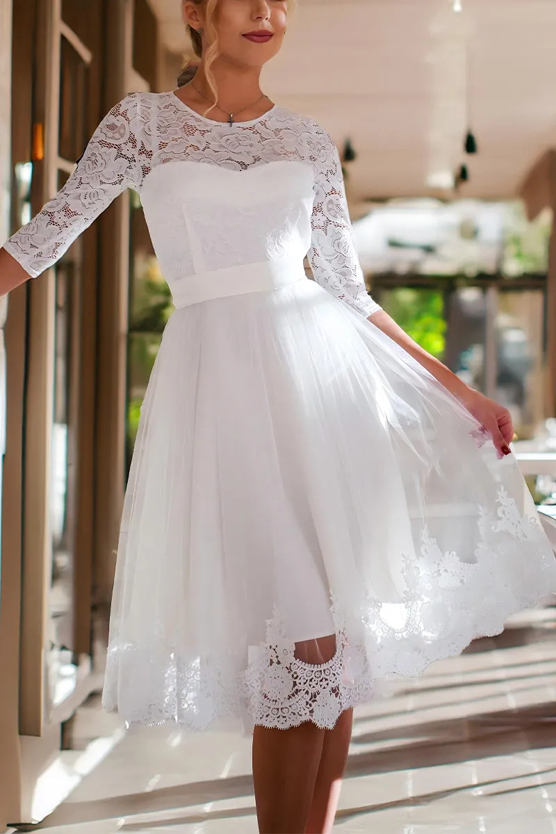 A-Line Tea Length Lace Tulle Little White Dress 100014 sold by Cocomelody product image thumbnail 3