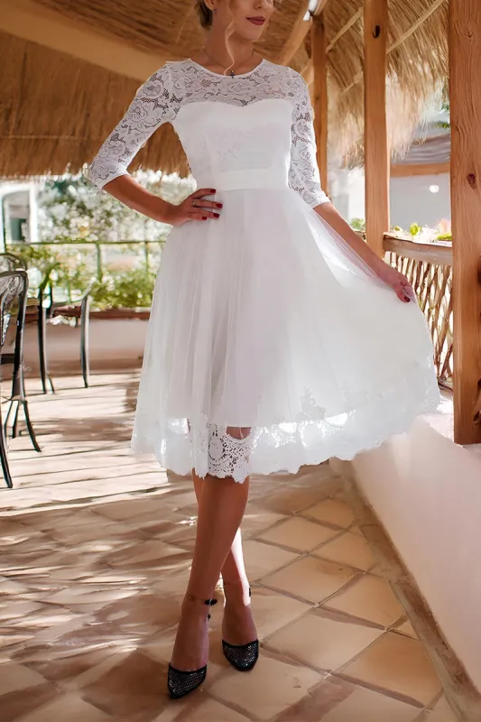 A-Line Tea Length Lace Tulle Little White Dress 100014 sold by Cocomelody