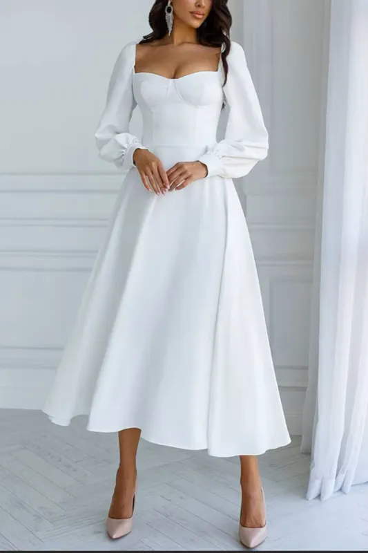 A-Line Tea Length Elastic Cloth Little White Dress 100013 sold by Cocomelody