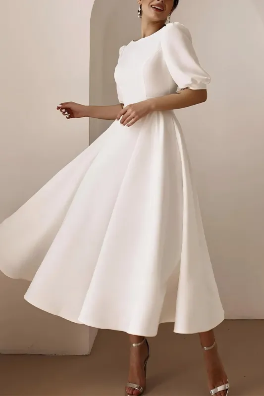 A-Line Tea Length Elastic Cloth Little White Dress 100012 sold by Cocomelody