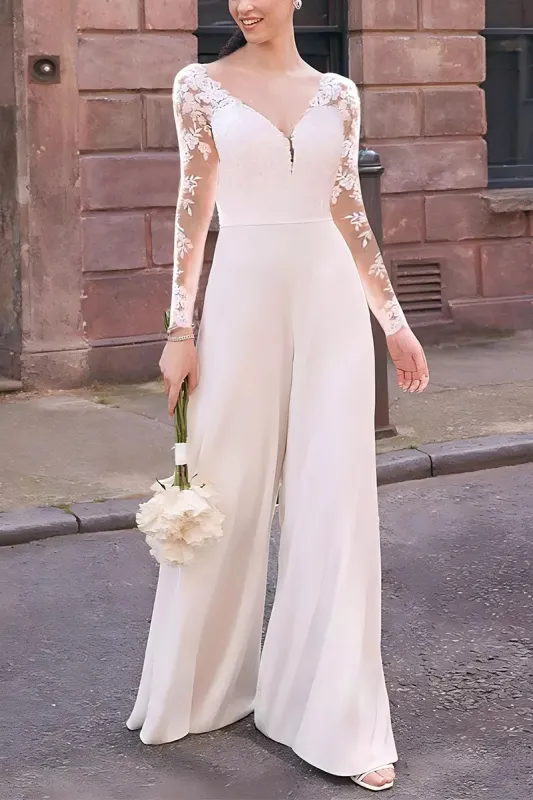 V-Neck Floor Length Chiffon Wedding Jumpsuit CW3582 sold by Cocomelody