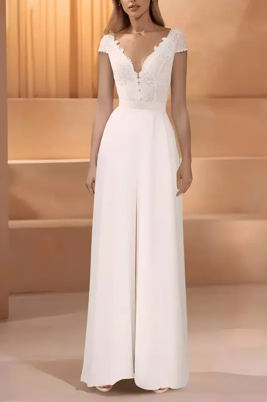 V-Neck Floor Length Lace Chiffon Wedding Jumpsuit CW3569 sold by Cocomelody