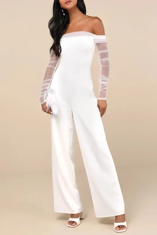 Off The Shoulder Floor Length Tulle Elastic Cloth Wedding Jumpsuit CW3567 sold by Cocomelody
