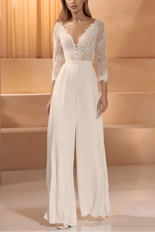 V-Neck Floor Length Lace Chiffon Wedding Jumpsuit CW3561 sold by Cocomelody
