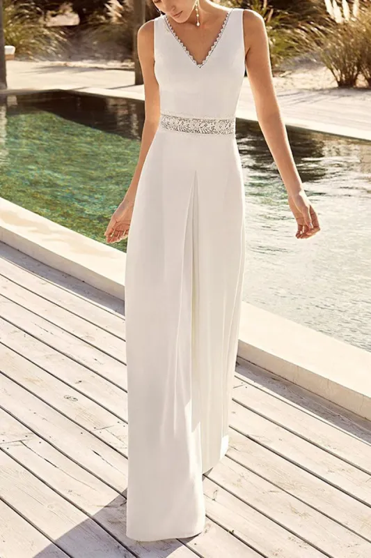 V-Neck Floor Length Chiffon Wedding Jumpsuit CW3557 sold by Cocomelody