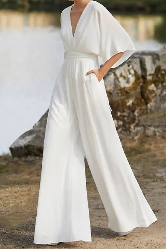 V-Neck Floor Length Chiffon Wedding Jumpsuit CW3558 sold by Cocomelody