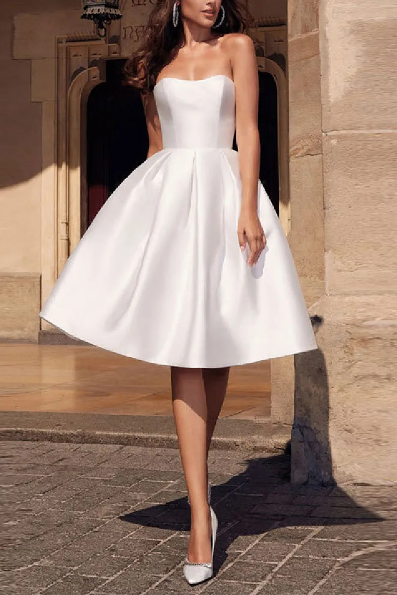 A-Line Knee Length Satin Little White Dress 100053 sold by Cocomelody