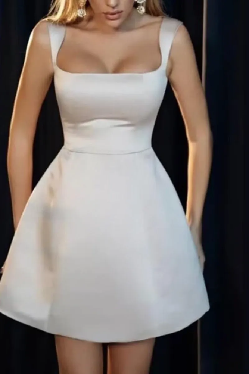 A-Line Short-Mini Satin Little White Dress 100050 sold by Cocomelody product image thumbnail 2