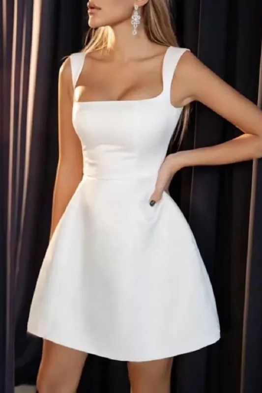 A-Line Short-Mini Satin Little White Dress 100050 sold by Cocomelody