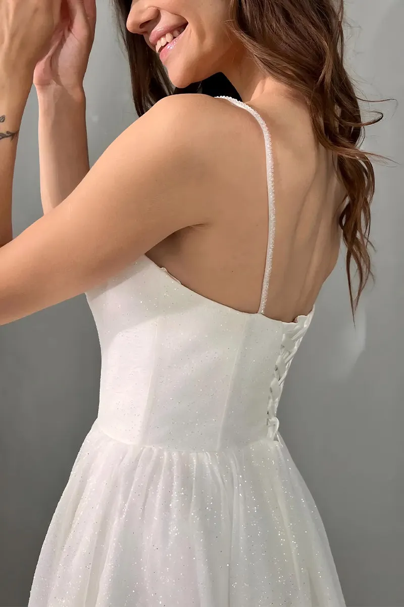 A-Line Tea Length Sparkle Tulle Little White Dress 100025 sold by Cocomelody product image thumbnail 3