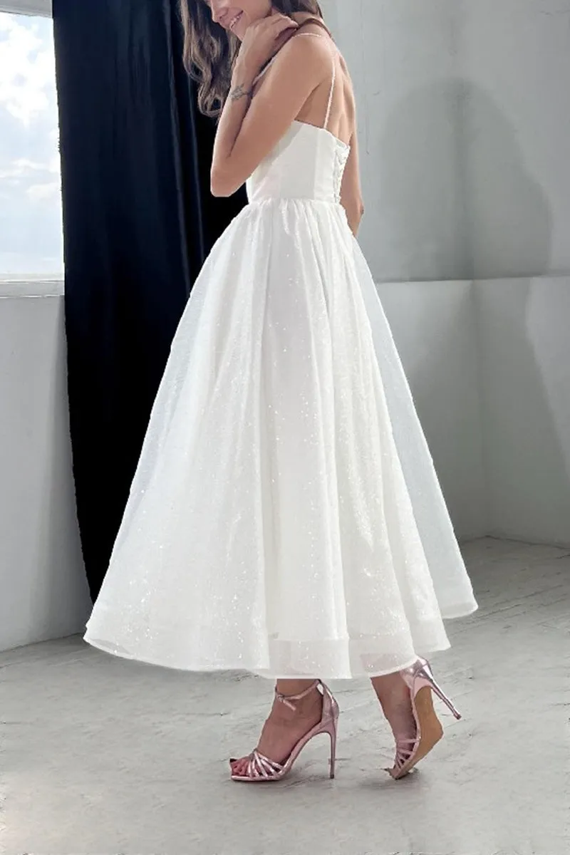 A-Line Tea Length Sparkle Tulle Little White Dress 100025 sold by Cocomelody product image thumbnail 2