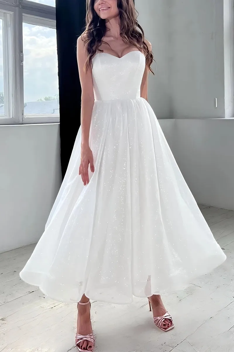 A-Line Tea Length Sparkle Tulle Little White Dress 100025 sold by Cocomelody