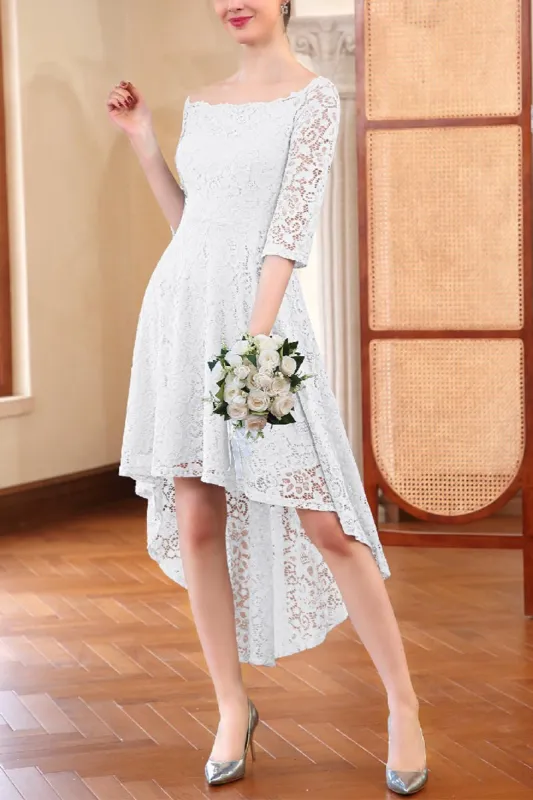 A-Line High-Low Lace Little White Dress 100024 sold by Cocomelody