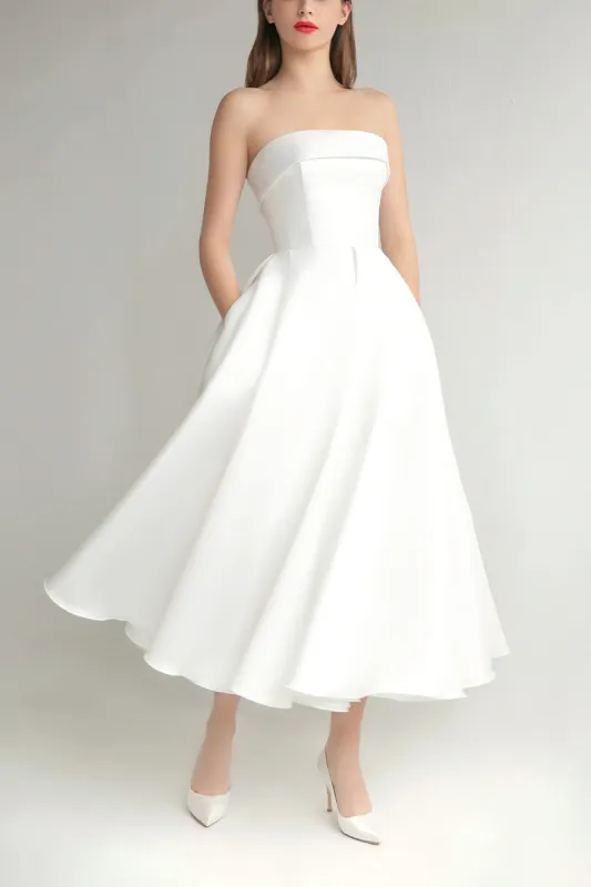 A-Line Tea Length Mikado Little White Dress 100023 made by Cocomelody