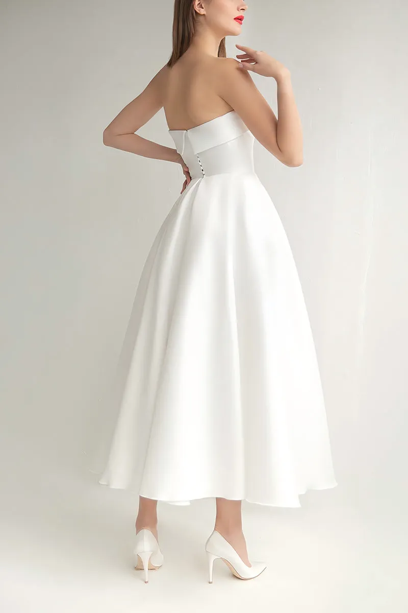 A-Line Tea Length Mikado Little White Dress 100023 sold by Cocomelody product image thumbnail 2