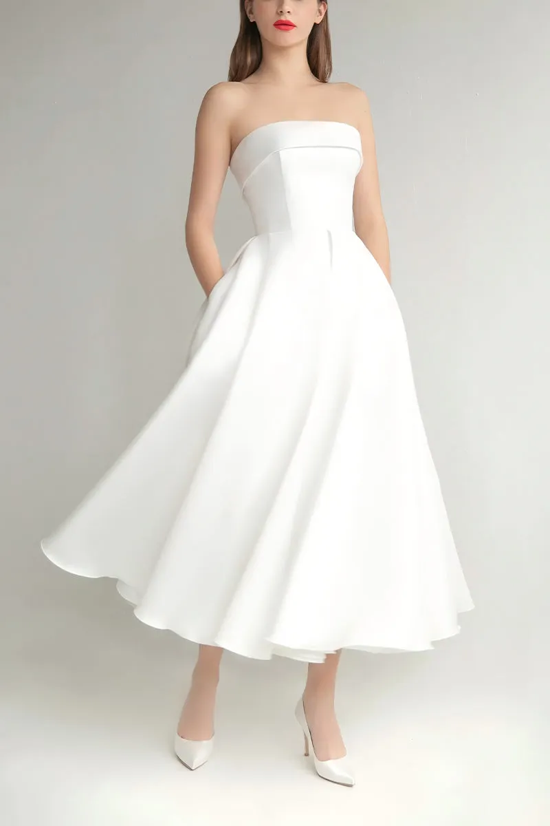 A-Line Tea Length Mikado Little White Dress 100023 sold by Cocomelody product image thumbnail 5