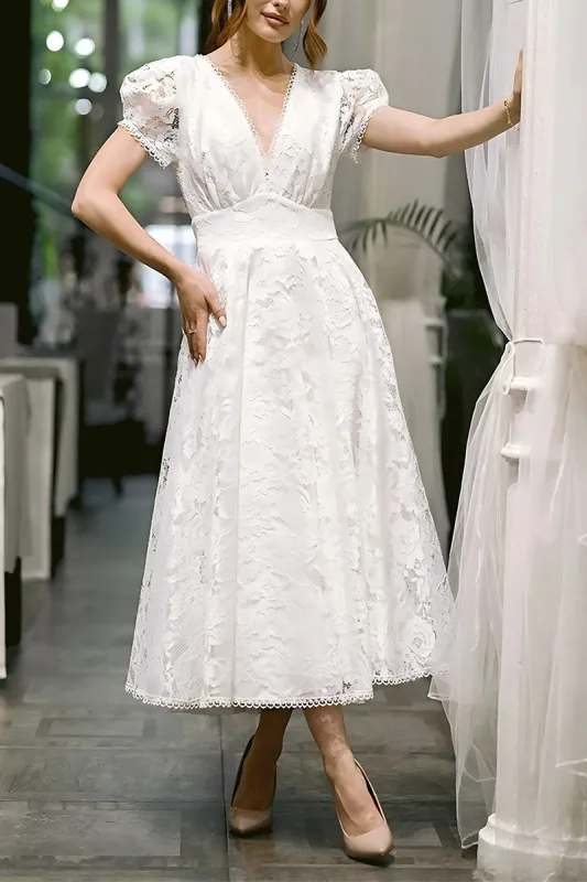 A-Line Tea Length Lace Little White Dress 100020 sold by Cocomelody