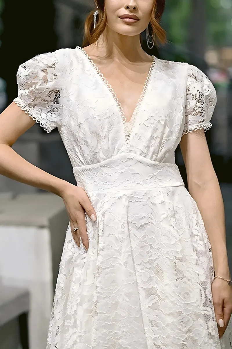 A-Line Tea Length Lace Little White Dress 100020 sold by Cocomelody product image thumbnail 3