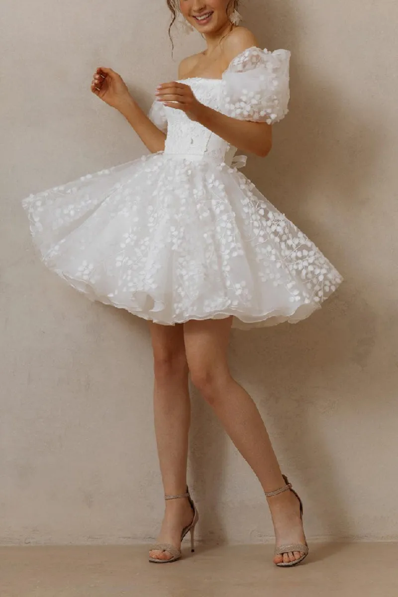 A-Line Short-Mini Lace Organza Little White Dress 100040 sold by Cocomelody