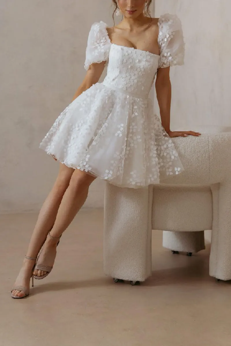 A-Line Short-Mini Lace Organza Little White Dress 100040 sold by Cocomelody product image thumbnail 4